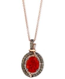 Turn up the heat. Le Vian's oval-cut fire opal (9/10 ct. t.w.) pendant adds a bright pop of color while round-cut chocolate diamonds (1/3 ct. t.w.) and white diamonds (1/8 ct. t.w.) add extra shine. Crafted in 14k rose gold. Approximate length: 18 inches. Approximate drop: 3/4 inch. Turn up the heat. Le Vian's oval-cut fire opal (9/10 ct. t.w.) pendant adds a bright pop of color while round-cut chocolate diamonds (1/3 ct. t.w.) and white diamonds (1/8 ct. t.w.) add extra shine. Crafted in 14k rose gold. Approximate length: 18 inches. Approximate drop: 3/4 inch.