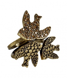 A fashionable flock of birds cover this chic brass ring from Marc by Marc Jacobs - Brass-tone bird charms one with crystal details on a brass-tone ring - Wear with a casual-cool look or with a mini-dress for early evening cocktails