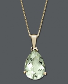Add a splash of springtime color to your look. This elegant pendant feature a pear-cut green quartz (2-3/4 ct. t.w.) set in 14k gold. Approximate length: 18 inches. Approximate drop: 3/4 inch.