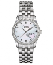 Set your heart aflutter with this beautiful watch by Caravelle by Bulova. Stainless steel bracelet and round case. Bezel embellished with 60 crystal accents. White mother-of-pearl dial features applied silver tone stick indices, black minute track, two hearts at four o'clock, three hands and logo. Quartz movement. Water resistant to 30 meters. Two-year limited warranty.