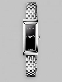 From the G-Frame Collection. A simple rectangular case with triple diamond accents for a purely understated style.Quartz movement Water resistant to 3 ATM Rectangular stainless steel case, 34mm x 14mm (1.33 x .55) Black lacquered dial Diamonds at 3, 6, and 9 o'clock Stainless steel bracelet Deployment buckle Made in Switzerland 