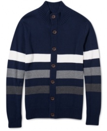 Graduate your style with this smart button front varsity sweater by American Rag. Graduate your style with this smart button front varsity sweater by American Rag.
