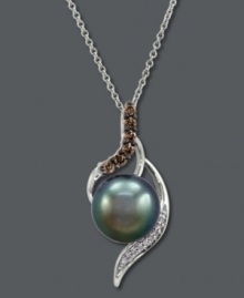 The perfect shimmering combination. Le Vian's subtle swirl pendant features a black cultured freshwater pearl (10-11 mm) with rows of round-cut chocolate diamonds (1/6 ct. t.w.) and white diamond accents at the top and bottom. Crafted in 14k white gold. Approximate length: 18 inches. Approximate drop: 1-1/5 inches. The perfect shimmering combination. Le Vian's subtle swirl pendant features a black cultured freshwater pearl (10-11 mm) with rows of round-cut chocolate diamonds (1/6 ct. t.w.) and white diamond accents at the top and bottom. Crafted in 14k white gold. Approximate length: 18 inches. Approximate drop: 1-1/5 inches.
