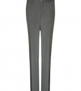 These classic trousers bring sophisticated flair to your stylish workweek look - Modern slim fit, front zip and button closure, two front pockets, two back welt pockets with button - Style with a cashmere pullover or matching blazer, and dress shoes
