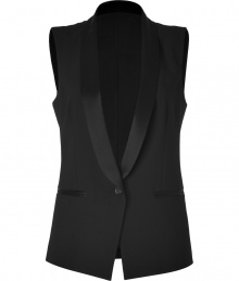 Add a glamorous menswear-inspired edge to any outfit with DKNYs jet black tuxedo-style vest - Satin shawl collar, single button closure, satin trimmed slit pockets, slight high-low hemline - Tailored fit - Wear with a sleeveless shift and statement heels to cocktails Add a glamorous menswear-inspired edge to any outfit with DKNYs jet black tuxedo-style vest - Satin shawl collar, single button closure, satin trimmed slit pockets, slight high-low hemline - Tailored fit - Wear with a sleeveless shift and statement heels to cocktails