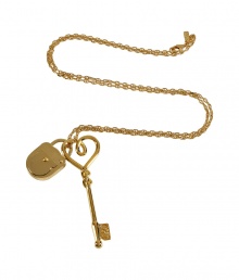 Inject a chic accent to any ensemble with this lovely key and lock charm necklace from Salvatore Ferragamo - Gold-tone key and lock charms on a gold-tone filigree chain - Wear with a sleek suit or skinny jeans and a silk blouse Inject a chic accent to any ensemble with this lovely key and lock charm necklace from Salvatore Ferragamo - Gold-tone key and lock charms on a gold-tone filigree chain - Wear with a sleek suit or skinny jeans and a silk blouse