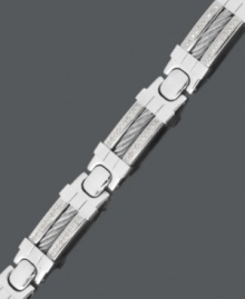 The perfect reward for the modern working man. This structured men's bracelet features a unique cable link design accented by round-cut diamonds (1 ct. t.w.) set in stainless steel. Approximate length: 8-1/2 inches. The perfect reward for the modern working man. This structured men's bracelet features a unique cable link design accented by round-cut diamonds (1 ct. t.w.) set in stainless steel. Approximate length: 8-1/2 inches.