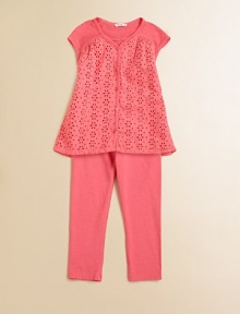 Sweet eyelets adorn a plush cotton tunic with matching leggings for a vibrant, classic ensemble.V-neckShort cap sleevesButton frontFront yokeFlared shapeElastic waistbandCottonMachine washImported Sweet eyelets adorn a plush cotton tunic with matching leggings for a vibrant, classic ensemble.V-neckShort cap sleevesButton frontFront yokeFlared shapeElastic waistbandCottonMachine washImported