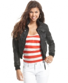 The classic jean jacket gets a tough girl edge with this bomber style from Jou Jou! Featuring double zippers and sleek coated denim, this jacket is the ultimate in cool! The classic jean jacket gets a tough girl edge with this bomber style from Jou Jou! Featuring double zippers and sleek coated denim, this jacket is the ultimate in cool!