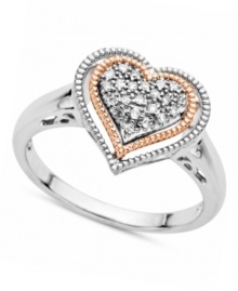 An instant love affair. This sterling silver and 14k rose gold heart ring adds single cut diamonds (1/10 ct. t.w.) for a lustrous effect. Approximate band width: 1/5 inch. An instant love affair. This sterling silver and 14k rose gold heart ring adds single cut diamonds (1/10 ct. t.w.) for a lustrous effect. Approximate band width: 1/5 inch.