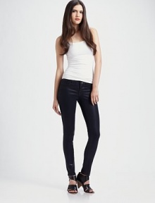 Legging-inspired four-pocket denim with a lustrous pearlized finish.THE FITVery fitted from waist to hem Rise, about 8 Inseam, about 29THE DETAILSZip fly Faux front pockets Plain back patch pockets 77% cotton/21% polyester/2% spandex Dry clean Made in USA of imported fabric Legging-inspired four-pocket denim with a lustrous pearlized finish.THE FITVery fitted from waist to hem Rise, about 8 Inseam, about 29THE DETAILSZip fly Faux front pockets Plain back patch pockets 77% cotton/21% polyester/2% spandex Dry clean Made in USA of imported fabric