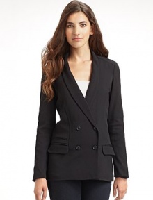 THE LOOKTuxedo lapel Double breasted button front Long sleeves Welt and flap pockets at hipsTHE FITAbout 28 from shoulder to hemTHE MATERIAL95% wool/5% Lycra spandex Fully linedCARE & ORIGINDry clean Imported THE LOOKTuxedo lapel Double breasted button front Long sleeves Welt and flap pockets at hipsTHE FITAbout 28 from shoulder to hemTHE MATERIAL95% wool/5% Lycra spandex Fully linedCARE & ORIGINDry clean Imported