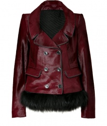 Exquisitely luxurious in glamorous dark ruby haircalf, Roberto Cavallis fur trimmed jacket radiates impossibly contemporary-chic results - Notched lapel, long sleeves, double-breasted buttoned front, flap pockets, black leather trim, black fur trimmed hemline, quilted silk lining - Tailored feminine fit - For an ultra glamorous finish, pair with jet black separates and stand-out statement accessories Exquisitely luxurious in glamorous dark ruby haircalf, Roberto Cavallis fur trimmed jacket radiates impossibly contemporary-chic results - Notched lapel, long sleeves, double-breasted buttoned front, flap pockets, black leather trim, black fur trimmed hemline, quilted silk lining - Tailored feminine fit - For an ultra glamorous finish, pair with jet black separates and stand-out statement accessories