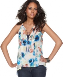 Feminine florals temper a flirty silhouette in this draped tank top from Buffalo Jeans. The keyhole neckline and tassel tie make it a chic layering piece with a bandeau and jeans!