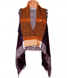 Give your contemporary look a rugged luxe finish with Anna Suis brightly hued draped knit vest - Stand-up collar, open front, frayed trim, longer sides - Feminine draped fit - Layer over tissue tees, figure-hugging skinnies, and sleek knee-high boots Give your contemporary look a rugged luxe finish with Anna Suis brightly hued draped knit vest - Stand-up collar, open front, frayed trim, longer sides - Feminine draped fit - Layer over tissue tees, figure-hugging skinnies, and sleek knee-high boots