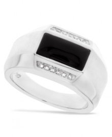 Stay true to your sophisticated side. This stately men's ring features a rectangular onyx stone (2-5/8 ct. t.w.) anchored by two rows of round-cut diamonds (1/8 ct. t.w.). Set in sterling silver. Size 10-1/2.