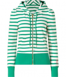 Lighthearted hoodie sweatshirt in green and white striped cotton - Body-hugging fit with long, cuffed sleeves, two side pockets, and slightly-puffed shoulders - Relaxed but stylish, it is the perfect choice over favorite cotton tank and boyfriend jeans