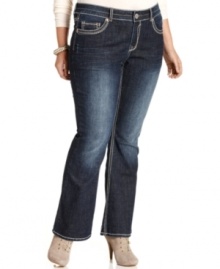 Partner all your new tops with Hydraulic's flare leg plus size jeans, featuring a dark wash.