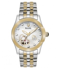 Powered by your movement, this Bulova design offers a heart-shaped window to the soul of the watch. Goldtone and silvertone stainless steel bracelet and round stainless steel case with goldtone bezel. Mother-of-pearl dial features crystal markers, goldtone-accented hearts, luminous hands and logo. Automatic movement. Water resistant to 30 meters. Three-year limited warranty.