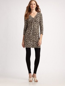 Subtle ruching and pretty draping add flattering appeal to this leopard-print design. V-neckThree-quarter sleevesTwist frontRuched detailsPull-on styleAbout 30 from shoulder to hem95% viscose/5% elastaneMachine washImported Model shown is 5'11 (180cm) wearing US size Small. Subtle ruching and pretty draping add flattering appeal to this leopard-print design. V-neckThree-quarter sleevesTwist frontRuched detailsPull-on styleAbout 30 from shoulder to hem95% viscose/5% elastaneMachine washImported Model shown is 5'11 (180cm) wearing US size Small.