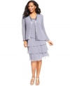 Patra's plus size dress is dazzling for evening with its beaded collar and tiered chiffon skirt. The attached jacket is a sophisticated finish and makes for an effortless ensemble.