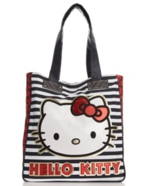So tote-ally adorable! The sweet face of Hello Kitty is featured on front of this fun striped tote, while a bow pattern decorates sides. Metallic trim adds just enough glitz and glam. So tote-ally adorable! The sweet face of Hello Kitty is featured on front of this fun striped tote, while a bow pattern decorates sides. Metallic trim adds just enough glitz and glam.