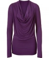 Luxurious top in fine purple stretch viskose - Especially pleasant, flattering quality - The cut is slim, slightly fitted and a little longer - With feminine waterfall neck d?collet? and elegant, asymmetrical draping - Long sleeves which can be casually pushed up - A dream top, classy and stylish - A hit with leggings, a pencil skirt or a mini skirt