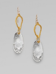 A highly textured piece with a dazzling disc suspended by 18k goldplated links. Brass Drop, about 2½ 14k gold filled French ear wire Made in USA A highly textured piece with a dazzling disc suspended by 18k goldplated links. Brass Drop, about 2½ 14k gold filled French ear wire Made in USA