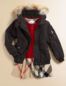 Luxurious golden fox fur trims the hood of this bomber-style parka that lets her enjoy winter while staying warm.Hood with removable golden fox fur trimButton neck tabShoulder epaulettesHidden zip close under button placketZip pocket on one sleeveRibbed knit cuffs and waistFront flap pocketsFully linedCotton/nylonMachine washImportedFur origin: Finland Please note: Number of buttons may vary depending on size ordered. Luxurious golden fox fur trims the hood of this bomber-style parka that lets her enjoy winter while staying warm.Hood with removable golden fox fur trimButton neck tabShoulder epaulettesHidden zip close under button placketZip pocket on one sleeveRibbed knit cuffs and waistFront flap pocketsFully linedCotton/nylonMachine washImportedFur origin: Finland Please note: Number of buttons may vary depending on size ordered.