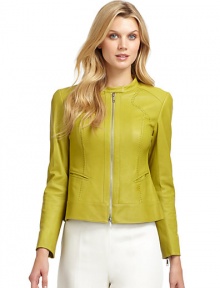 THE LOOKStitch detailingStand collar with snap detailDual welt pocketsLong sleeves with zip cuffsTHE FITAbout 21 from shoulder to hemTHE MATERIALLeatherFully linedCARE & ORIGINClean by leather specialistImportedModel shown is 5'9 (175cm) wearing US size 4. THE LOOKStitch detailingStand collar with snap detailDual welt pocketsLong sleeves with zip cuffsTHE FITAbout 21 from shoulder to hemTHE MATERIALLeatherFully linedCARE & ORIGINClean by leather specialistImportedModel shown is 5'9 (175cm) wearing US size 4.