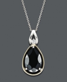 Onyx is definitely the new black! Stylish and statement-making, this pear-cut onyx stone (2-3/8 ct. t.w.) stands out against a sterling silver and 14k gold setting. A touch of extra shine is created by a round-cut diamond accent. Approximate length: 18 inches. Approximate drop: 3/4 inch. Onyx is definitely the new black! Stylish and statement-making, this pear-cut onyx stone (2-3/8 ct. t.w.) stands out against a sterling silver and 14k gold setting. A touch of extra shine is created by a round-cut diamond accent. Approximate length: 18 inches. Approximate drop: 3/4 inch.