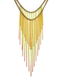 Try tassels for a fresh, spring look. Bar III's extraordinary multi-chain statement necklace is a must for attracting attention. Crafted in antique gold, matte yellow and matte orange tone mixed metal. Approximate length: 15-1/4 inches and 20 inches + 1-1/2-inch extender. Approximate drop: 14 inches. Try tassels for a fresh, spring look. Bar III's extraordinary multi-chain statement necklace is a must for attracting attention. Crafted in antique gold, matte yellow and matte orange tone mixed metal. Approximate length: 15-1/4 inches and 20 inches + 1-1/2-inch extender. Approximate drop: 14 inches.