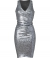 Dazzle and delight in this ultra-flattering draped sequin dress from Donna Karan - V-neck, sleeveless, faux-wrap front, fitted with draped waist, asymmetric seaming detail from back to front, concealed side zip closure, all-over sequin embellishment - Form-fitting - Wear with a studded clutch and sky-high platform heels