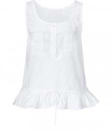 Breezy white drawstring top from D&G Dolce and Gabbana - Bohemian chic and effortless, this lovely top adds instant style to your day look - Scoop neckline with all-over eyelet detail and a drawstring waist with ruffle detail at hem - Pair with skinny jeans, an oversized cardigan, and over-the-knee boots