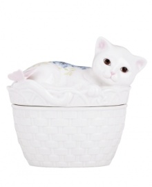 This little kitty is just begging for treats. In elegant white porcelain with a woven basket texture and sweet sculpted cover, this Butterfly Meadow bowl adds irresistible whimsy to casual tables. Qualifies for Rebate This little kitty is just begging for treats. In elegant white porcelain with a woven basket texture and sweet sculpted cover, this Butterfly Meadow bowl adds irresistible whimsy to casual tables. Qualifies for Rebate