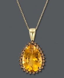 Sunshine bright. Le Vian's brilliantly-hued pendant features a pear-cut citrine (10 ct. t.w.) surrounded by round-cut smokey quartz (7/8 ct. t.w.). Crafted in 14k gold. Approximate length: 18 inches. Approximate drop: 1-1/3 inches. Sunshine bright. Le Vian's brilliantly-hued pendant features a pear-cut citrine (10 ct. t.w.) surrounded by round-cut smokey quartz (7/8 ct. t.w.). Crafted in 14k gold. Approximate length: 18 inches. Approximate drop: 1-1/3 inches.
