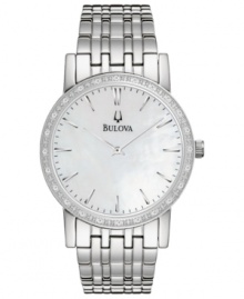 This Bulova timepiece exudes sophistication with shimmering diamond accents. This Bulova timepiece exudes sophistication with shimmering diamond accents.