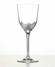Enhance your formal table with this dazzling crystal goblet. An intricate line pattern etched in the base of the bowl lends style and grace to every fine dining occasion. Enhance your formal table with this dazzling crystal goblet. An intricate line pattern etched in the base of the bowl lends style and grace to every fine dining occasion.