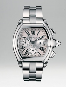 Stainless steel case has rhodium-plated sunray dial, stainless steel bracelet and two interchangeable straps. Tortue face, luminescent oxidized steel hands Roman numerals, date Dual time zone function Cartier caliber 8510, water-resistant to 330 feet Mechanical movement with automatic winding Adjustable steel deployant buckle Made in Switzerland