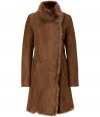 Radiate luxe appeal this season in Josephs exquisitely tinted tan lambskin coat - Fold-over fur collar, long sleeves, patchwork seaming, hidden front hook closures, side slit pockets, ultra warm fur interior - Tailored fit - Finish with jet black separates and modern-minimalist accessories