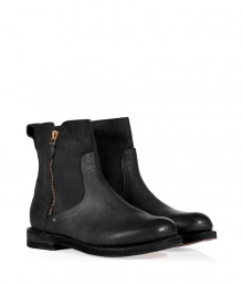 Tough-meets-chic with these motorcycle boots from Rag & Bone - Round toe, tonal stitching, chunky low stacked heel, side zip closure, back pull-on tab- Try with slim jeans, a textured pullover, and a statement satchel