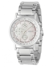 A pretty take on a classic chronograph. Brushed and polished stainless steel bracelet and case. Tachymeter bezel. White mother-of-pearl dial with logo, three subdials and shiny silvertone indexes with twinkling crystals. Three hands. Quartz movement. Water resistant to 50 meters. Two-year limited warranty. A pretty take on a classic chronograph. Brushed and polished stainless steel bracelet and case. Tachymeter bezel. White mother-of-pearl dial with logo, three subdials and shiny silvertone indexes with twinkling crystals. Three hands. Quartz movement. Water resistant to 50 meters. Two-year limited warranty.