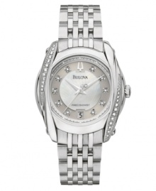 Meticulously crafted by Bulova to deliver the classic design and guaranteed precision you demand in a watch. The Precisionist collection's continuously sweeping second hand offers accuracy to ten seconds a year. Round stainless steel case and bracelet. Diamond accents at bezel. White mother-of-pearl dial features silvertone hands, date window at six o'clock, diamond accents at markers and logo. Quartz movement. Water resistant to 30 meters. Three-year limited warranty.