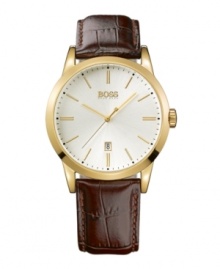 A dress watch with timelessly classic styling and impeccable attention to detail, by Hugo Boss. Brown croc-embossed leather strap and round gold ion-plated stainless steel case. Crystal with anti-reflective coating. Brushed white dial features goldtone stick indices, date window at six o'clock and logo. Quartz movement. Water resistant to 30 meters. Two-year limited warranty.