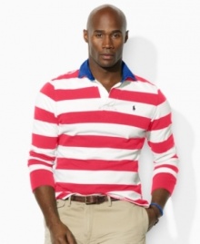 The epitome of athletic style, a lightweight cotton jersey rugby shirt is cut for a comfortable, classic fit with signature details and bold stripes. The epitome of athletic style, a lightweight cotton jersey rugby shirt is cut for a comfortable, classic fit with signature details and bold stripes.