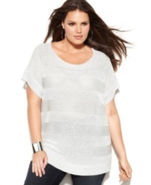 Shimmer in stripes with INC's short sleeve plus size top, featuring a metallic finish.