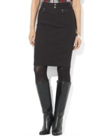 Lauren Jeans Co.'s straight skirt is always in style, and this sleek option is rendered in comfortable stretch denim. Lauren Jeans Co.'s straight skirt is always in style, and this sleek option is rendered in comfortable stretch denim.