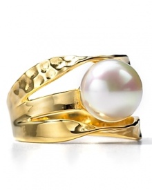 An eye-catching ring from Majorica, with man-made pearl set among contoured bands of polished and hammered 18 Kt. vermeil gold.