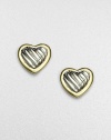 From the Heart Collection. Modern hearts, sculpted in cabled sterling silver, framed in 18k gold. Sterling silver and 18k yellow gold Length, about ½ Post back Imported
