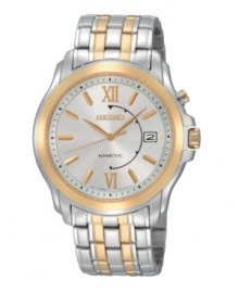 Self-motivated: Your own motion powers this kinetic Seiko watch in two-tone stainless steel. Stainless steel bracelet and round case. Gray dial features goldtone Roman numerals and stick indices, logo and date window. Kinetic® quartz movement. Water resistant to 30 meters. Three-year limited warranty.